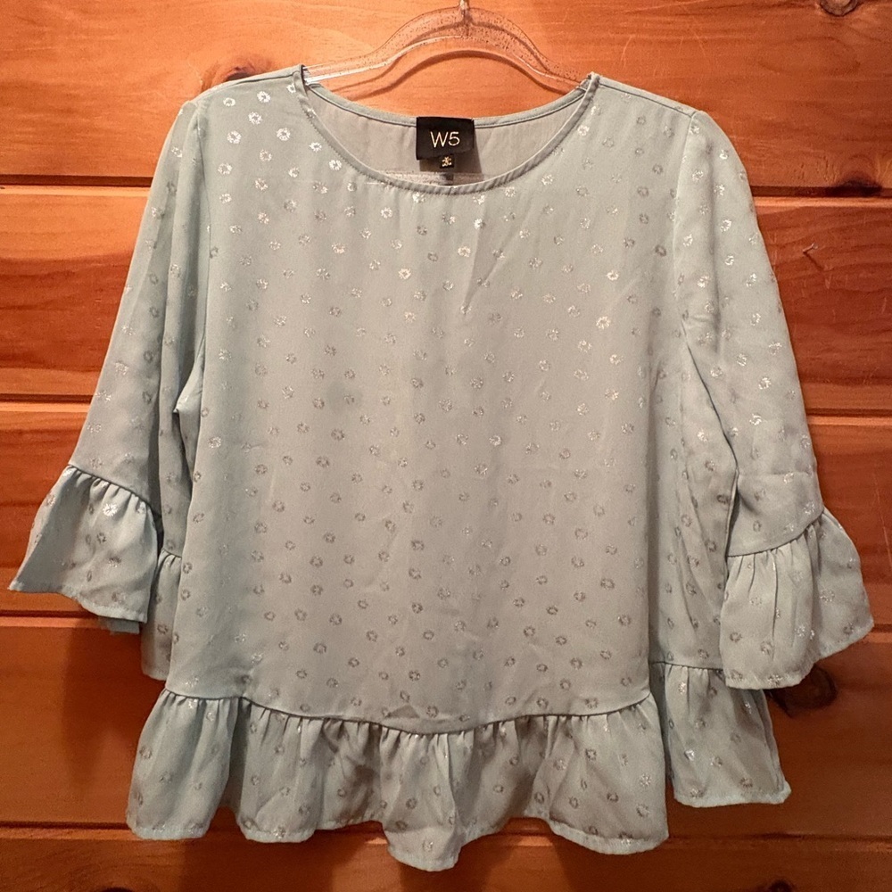 W5 Blue Blouse with Boxy Fit and Ruffled Cuffs